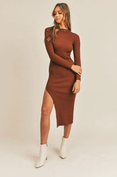 Pauline Cognac Brown Ribbed Bodycon Midi Dress