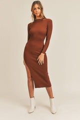 Pauline Cognac Brown Ribbed Bodycon Midi Dress