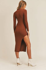 Pauline Cognac Brown Ribbed Bodycon Midi Dress