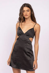 Sweet Talker Black Satin Cutout Mini Dress
