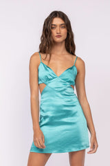 Sweet Talker Light Teal Satin Cutout Mini Dress