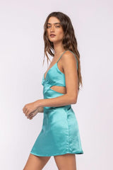 Sweet Talker Light Teal Satin Cutout Mini Dress