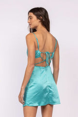 Sweet Talker Light Teal Satin Cutout Mini Dress