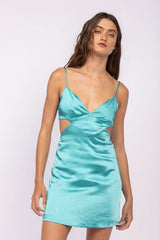 Sweet Talker Light Teal Satin Cutout Mini Dress