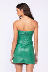 See You There Green Vegan Leather Strapless Mini Dress
