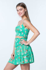 Ali Biscay Green Floral Print Smocked Two-Piece Dress Set