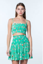 Ali Biscay Green Floral Print Smocked Two-Piece Dress Set