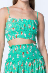 Ali Biscay Green Floral Print Smocked Two-Piece Dress Set