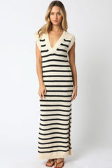 Ria Beige and Black Striped Knit Maxi Dress
