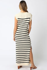 Ria Beige and Black Striped Knit Maxi Dress