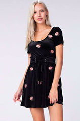 Midnight Reveries Black Floral Velvet Short Sleeve Corset Dress