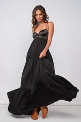 Blaire Black Satin Tiered Maxi Dress