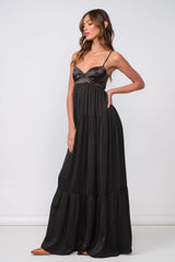 Blaire Black Satin Tiered Maxi Dress