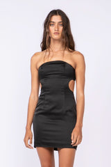 Miss Me Black Satin Strapless Cutout Mini Dress
