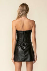 See You There Black Vegan Leather Strapless Mini Dress