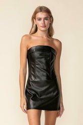 See You There Black Vegan Leather Strapless Mini Dress