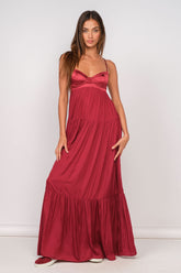 Blaire Burgundy Satin Tiered Maxi Dress