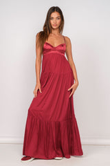 Blaire Burgundy Satin Tiered Maxi Dress