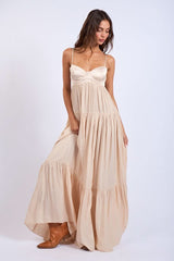 Blaire Nude Satin Tiered Maxi Dress