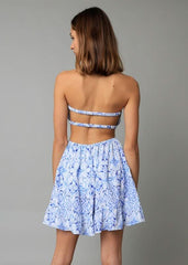 Maeve White and Blue Boho Print Strapless Dress