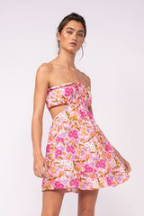 Rachel Pink Daisy Print Strapless Mini Dress