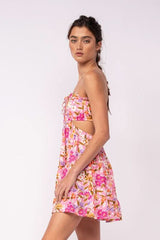 Rachel Pink Daisy Print Strapless Mini Dress