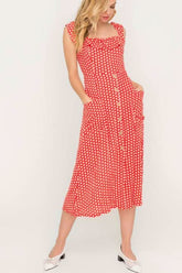 Kristen Red and Cream Print Button Front Midi Dress