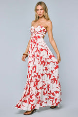 Brisa Red and Ivory Hibiscus Floral Strapless Maxi Dress