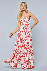 Brisa Red and Ivory Hibiscus Floral Strapless Maxi Dress