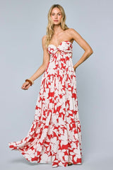 Brisa Red and Ivory Hibiscus Floral Strapless Maxi Dress