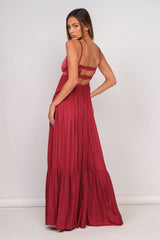 Blaire Burgundy Satin Tiered Maxi Dress