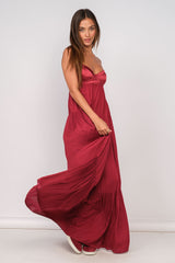 Blaire Burgundy Satin Tiered Maxi Dress