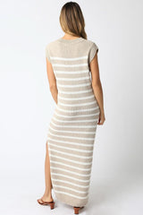 Ria Taupe and White Striped Knit Maxi Dress