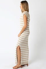 Ria Taupe and White Striped Knit Maxi Dress