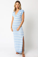 Ria Blue and White Striped Knit Maxi Dress