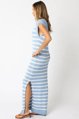 Ria Blue and White Striped Knit Maxi Dress