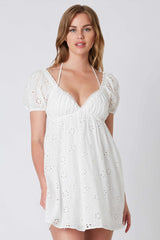 Dana White Eyelet Off Shoulder Halter Dress