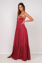 Blaire Burgundy Satin Tiered Maxi Dress