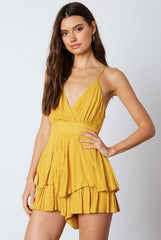 Mila Mustard Yellow Surplice Ruffle Romper