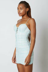 Angie Mint and White Floral Print Ruched Bodycon Dress