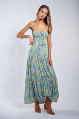 Selene Green Paisley Floral Strapless Maxi Dress