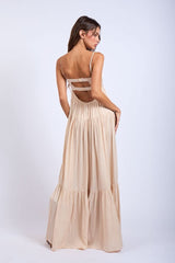 Blaire Nude Satin Tiered Maxi Dress