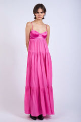 Blaire Pink Satin Tiered Maxi Dress