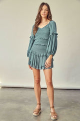 Seminal Moments Faded Green Smocked Long Sleeve Dress Set