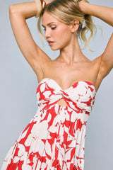 Brisa Red and Ivory Hibiscus Floral Strapless Maxi Dress