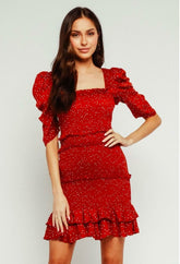 Naomi Red Dot Smocked Puff Sleeve Mini Dress