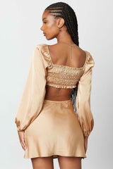 Because Of You Tan Long Sleeve Cutout Mini Dress