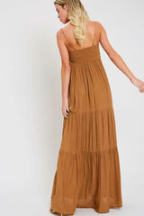 Falling In Love Tie-Front Tiered Camel Maxi Dress