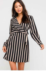 Joanna Black and Taupe Stripe Wrap Dress