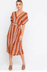 Marcella Rust Striped Dolman Sleeve Midi Dress
